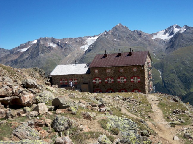 Breslauer hütte, Vratislavská chata, sestup Vent, Wildspitze, Öetztálské Alpy, Tyrolsko, Rakousko