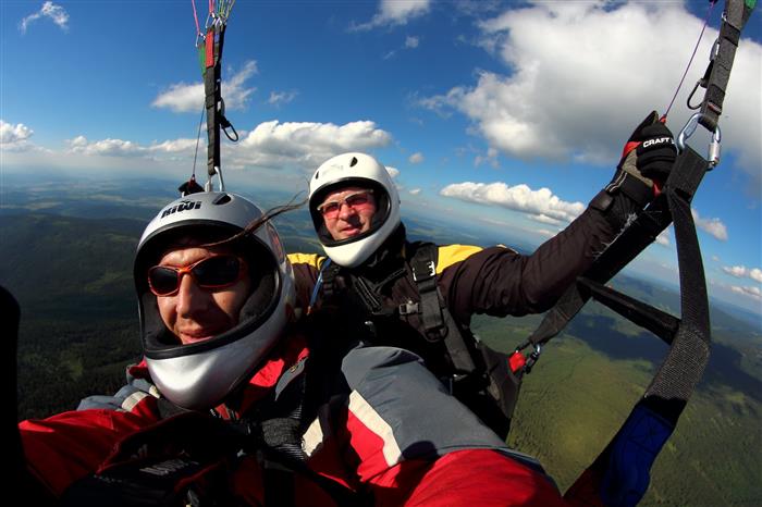 První let, tandem paragliding, Malý Ostrý, Bavorský les